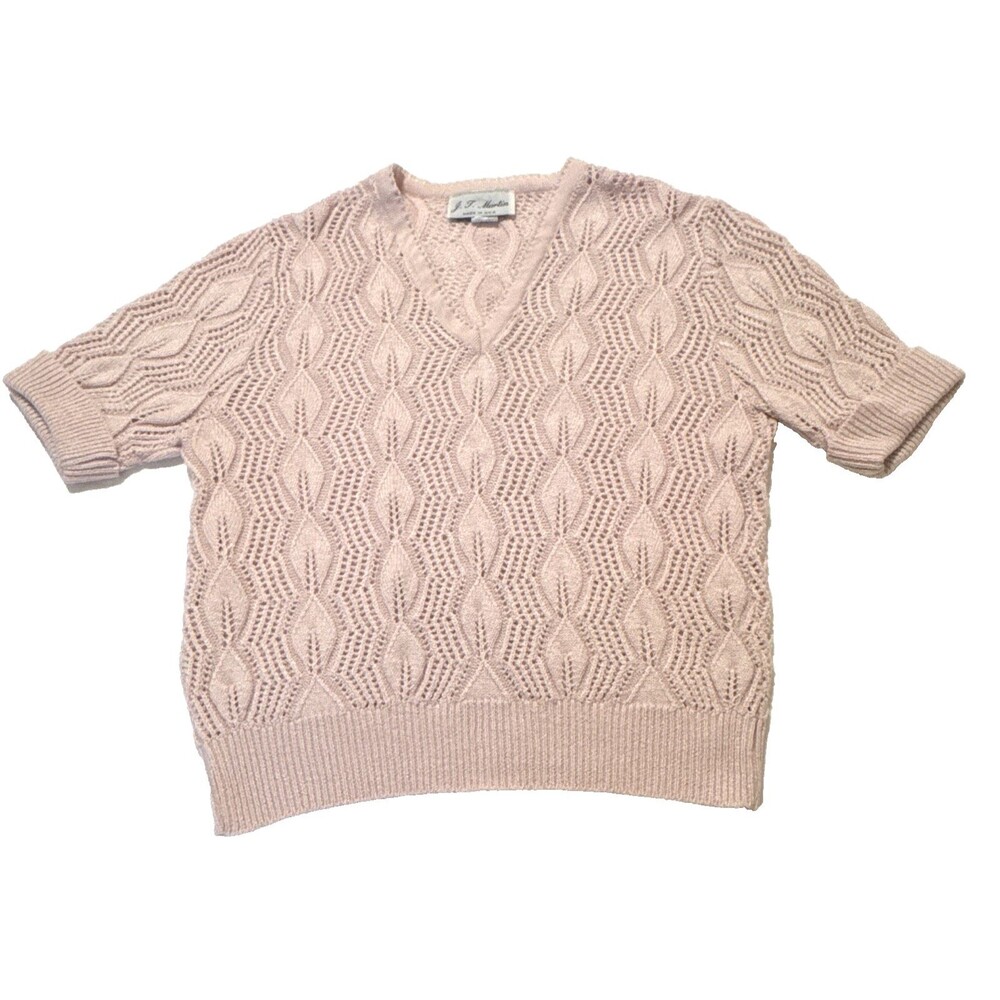 J. T. Martin Pink Open-Knit V-Neck Short Sleeve Lightweight Pullover Sweater 12